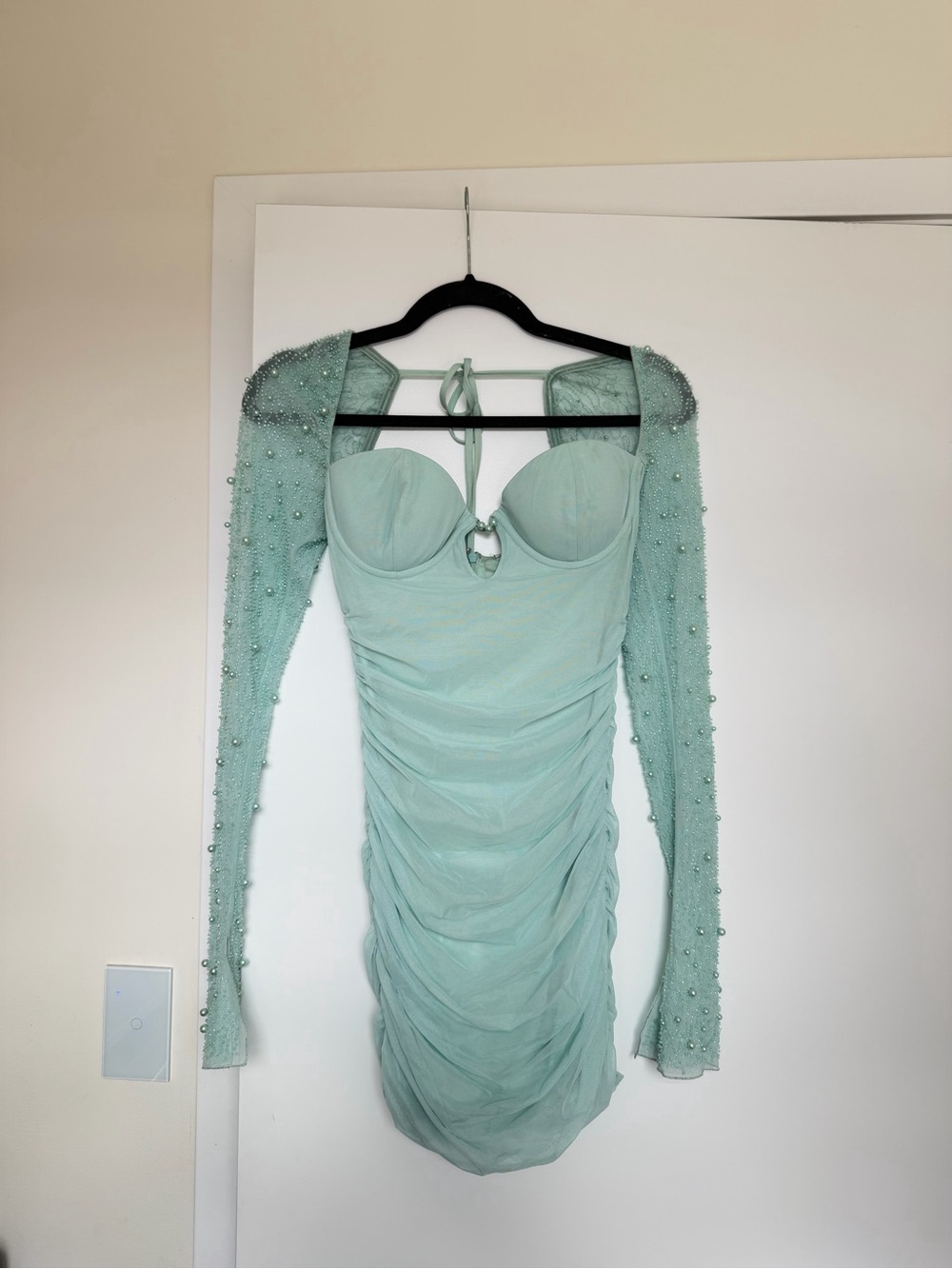 Oh Polly Mint Ruched Long Sleeve Pearl-Embellished Bodycon Dress